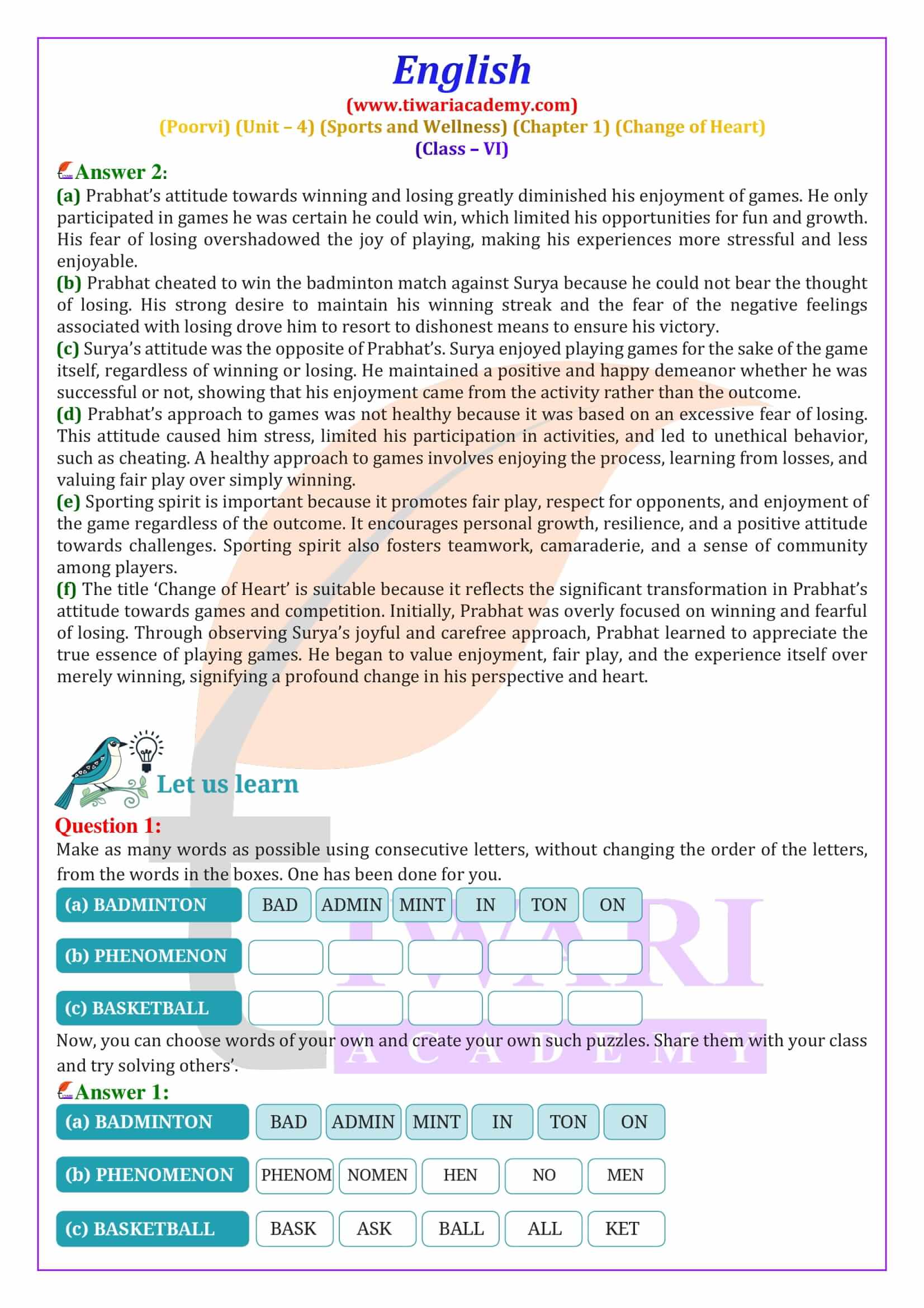 Class 6 English Poorvi Unit 4 Sports and Wellness Chapter 1 Solutions