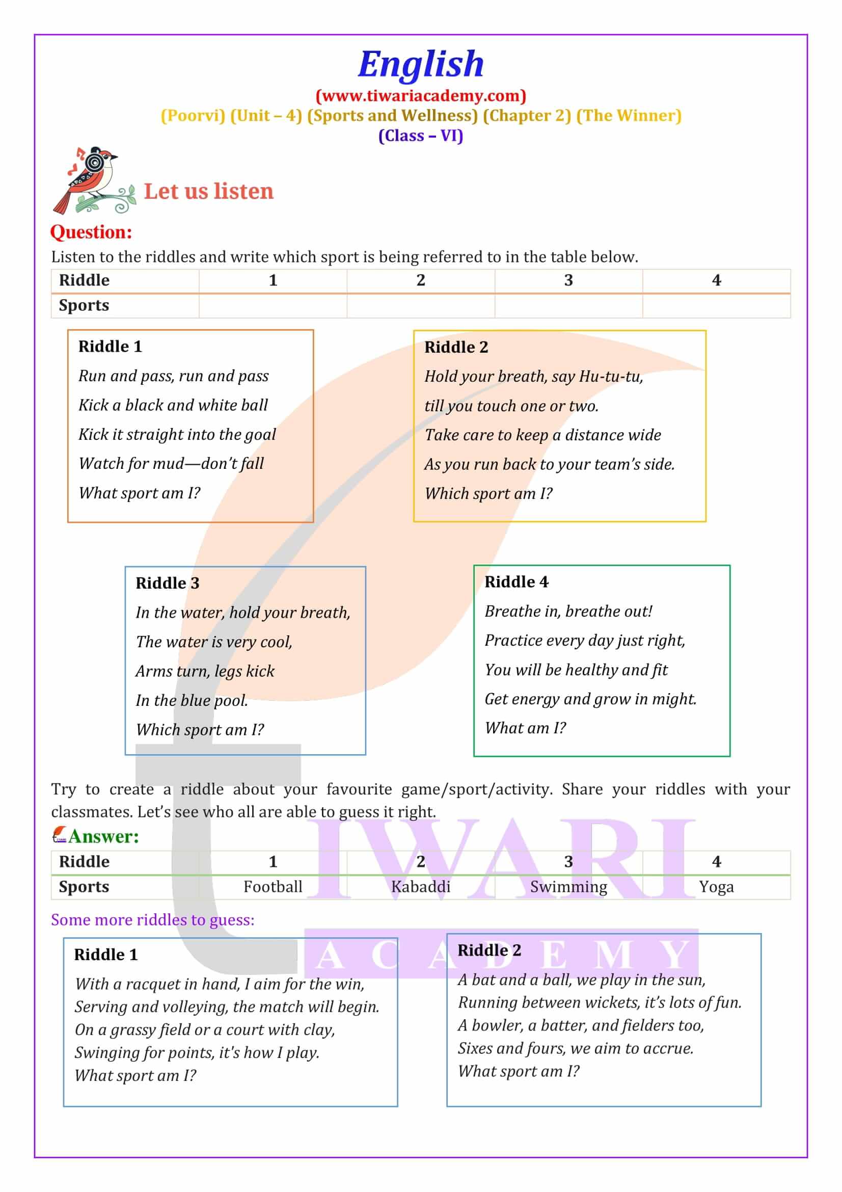 Class 6 English Poorvi Unit 4 Sports and Wellness Chapter 2 Solutions
