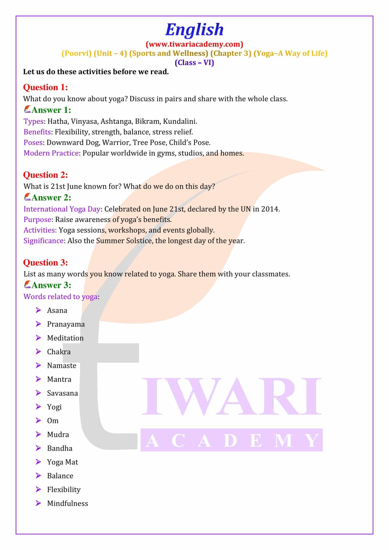 NCERT Solutions for Class 6 English Poorvi Unit 4 Sports and Wellness Chapter 3 Yoga - A Way of Life