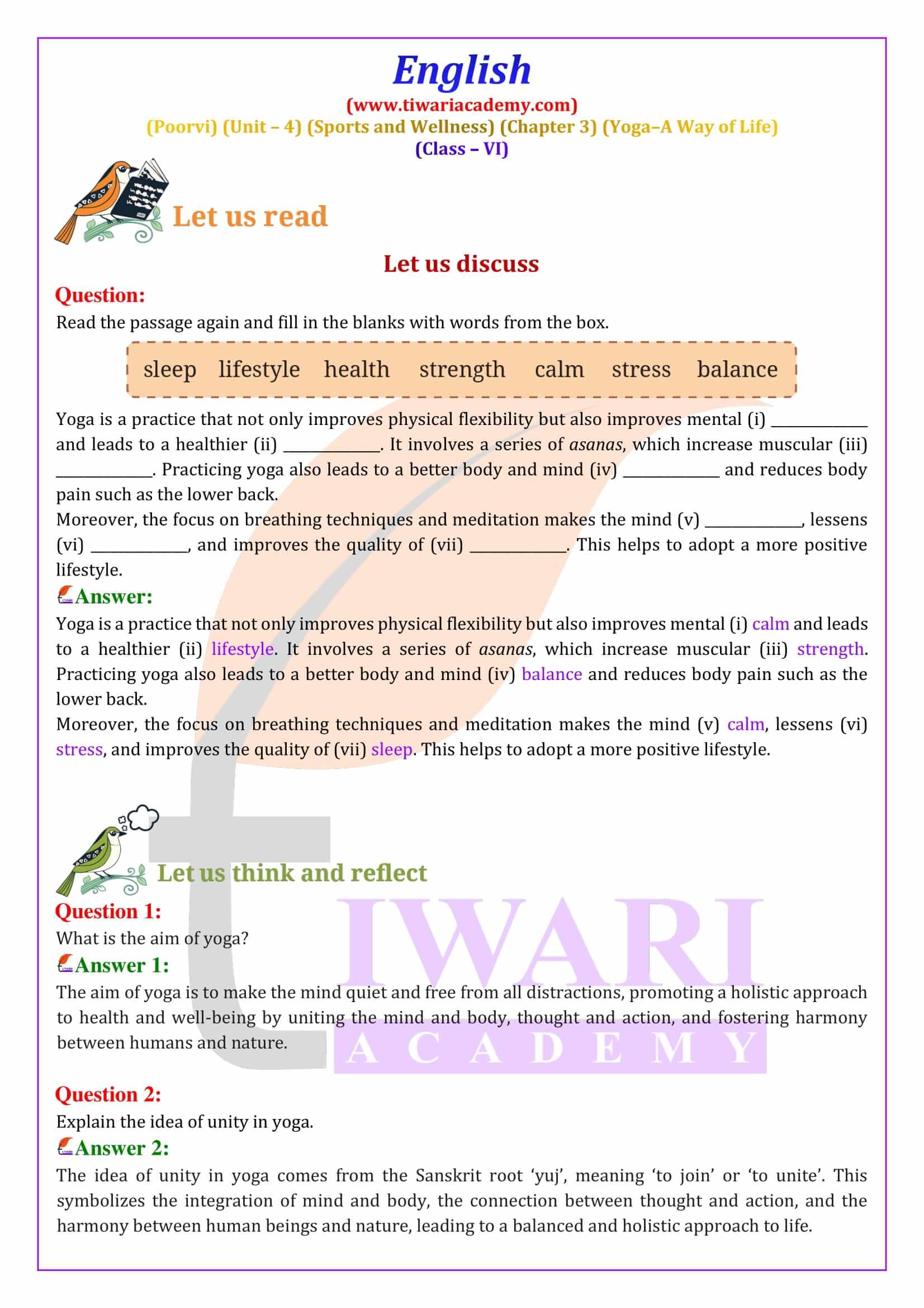 Class 6 English Poorvi Unit 4 Sports and Wellness Chapter 3 Yoga - A Way of Life