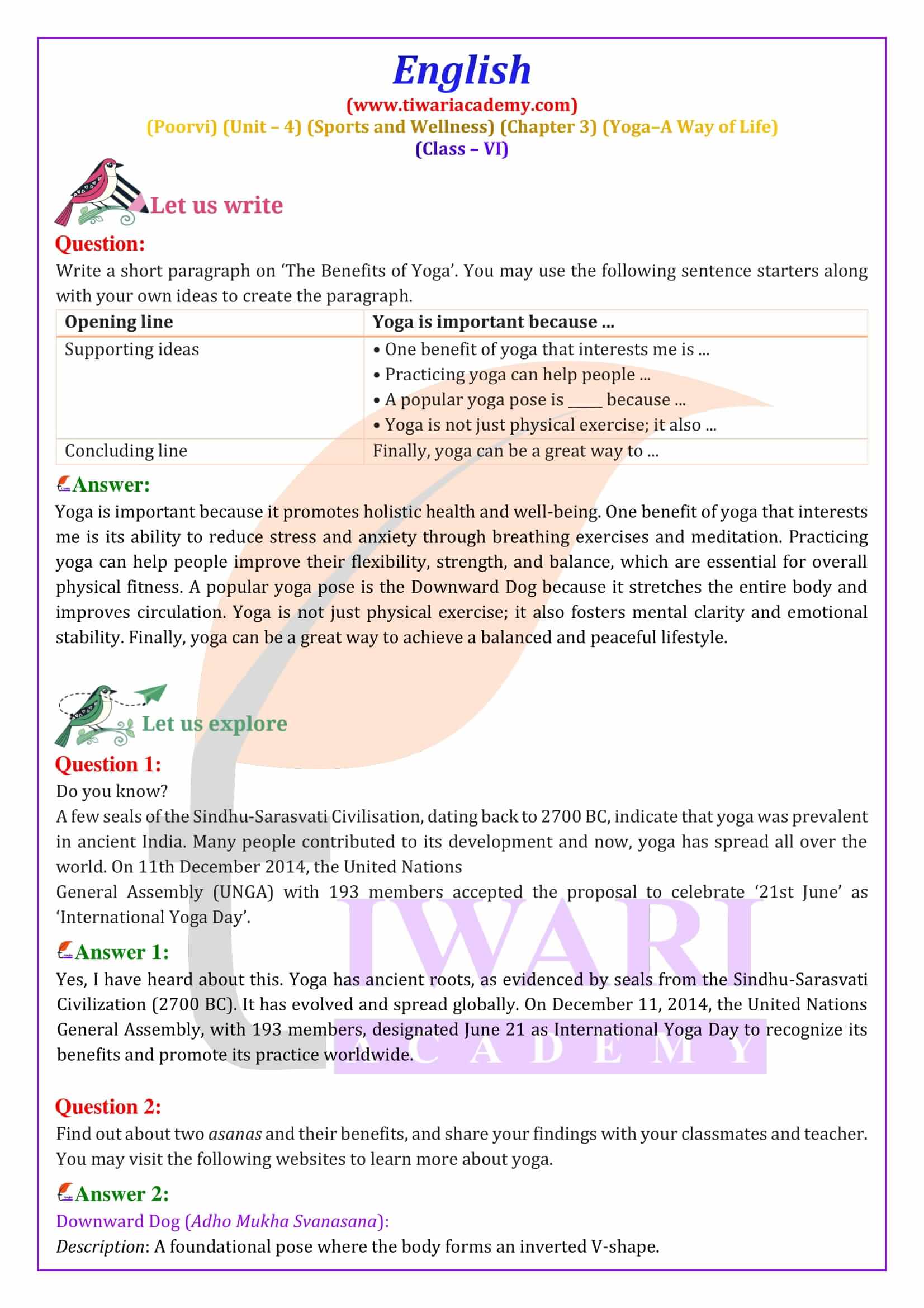 Class 6 English Poorvi Unit 4 Sports and Wellness Chapter 3 Exercises