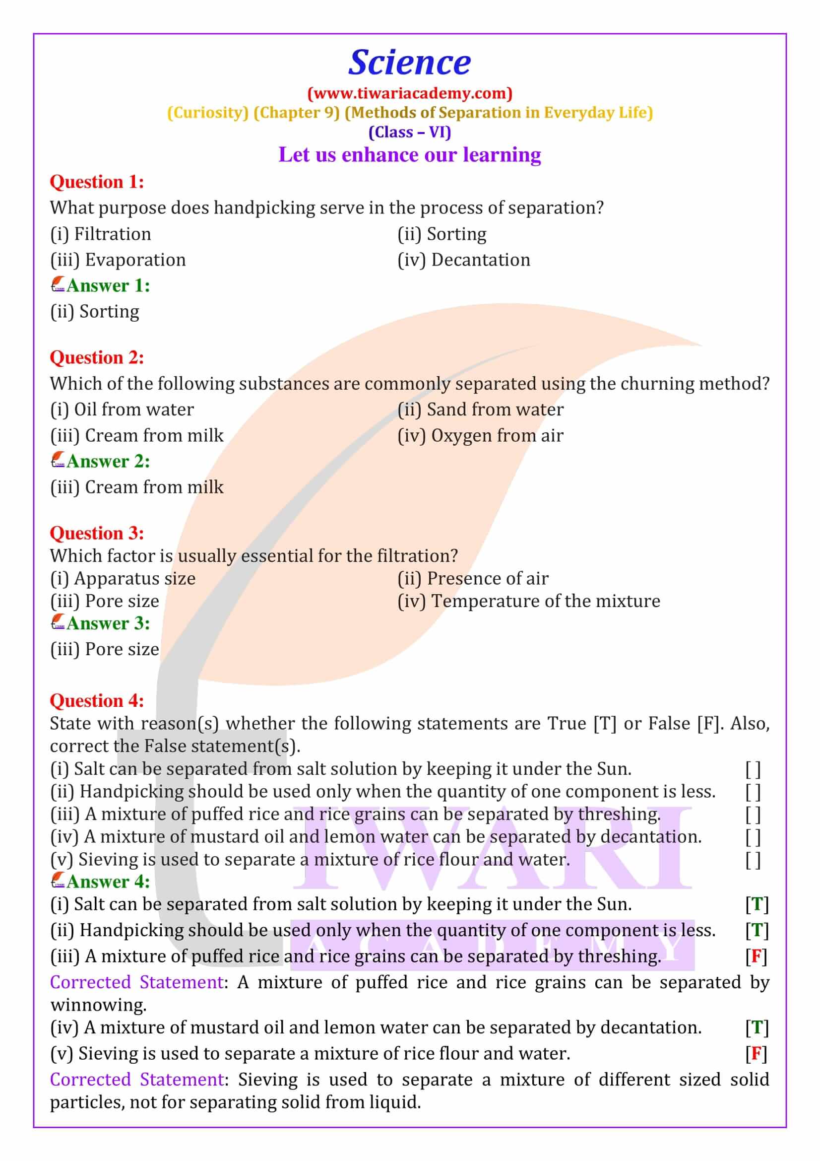 NCERT Solutions for Class 6 Science Curiosity Chapter 9 Question Answers