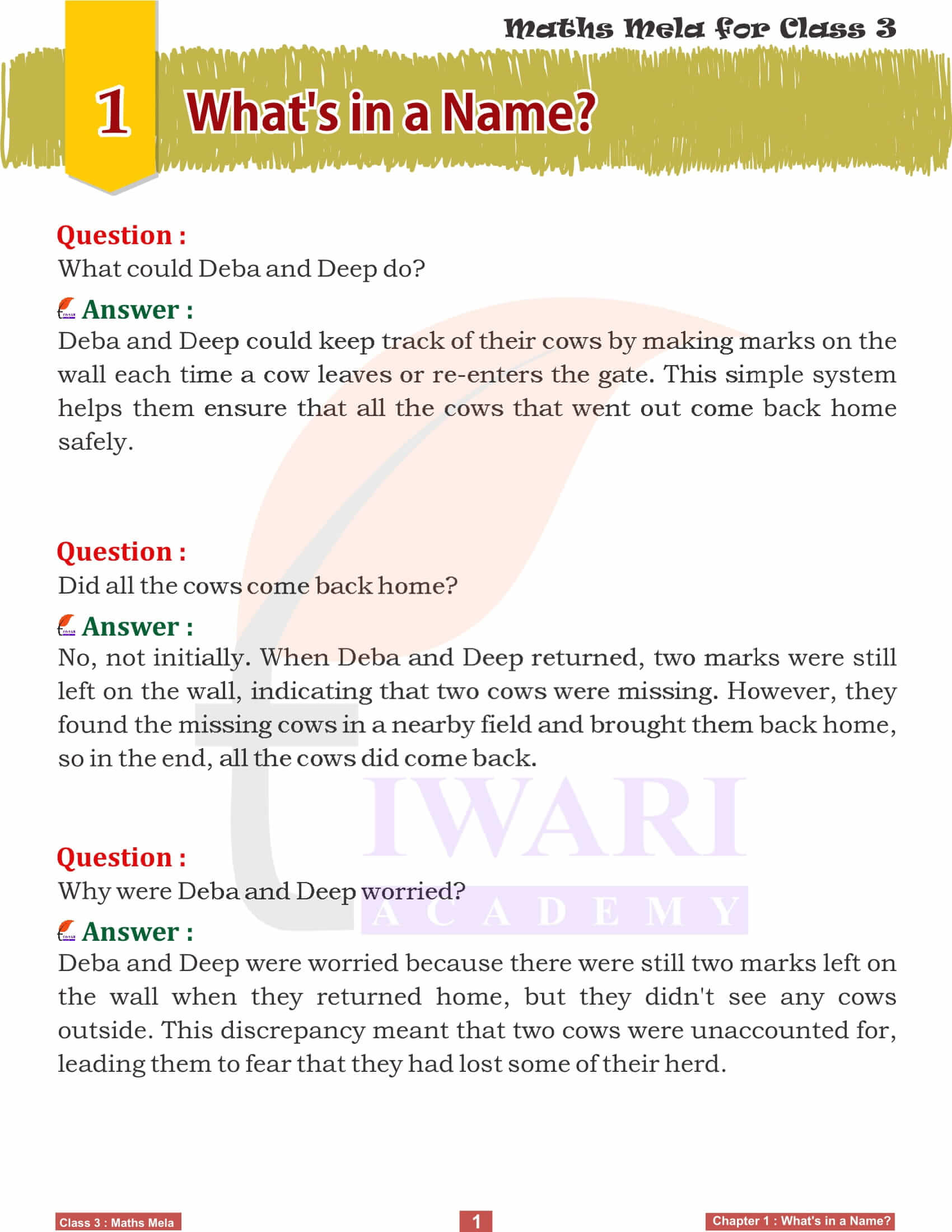 NCERT Solutions for Class 3 Maths Mela Chapter 1 Question Answers