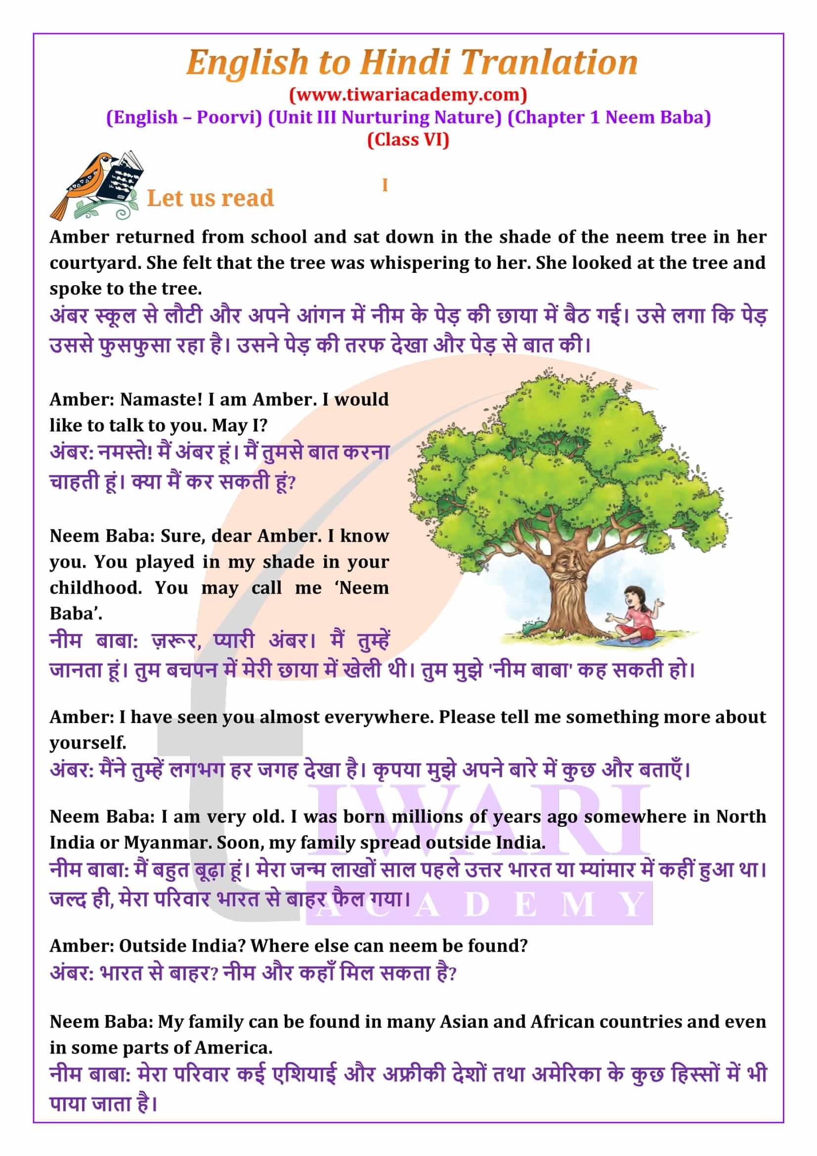 Class 6 English Poorvi Unit 3 Nurturing Nature Chapter 1 Neem Baba English to Hindi Translation