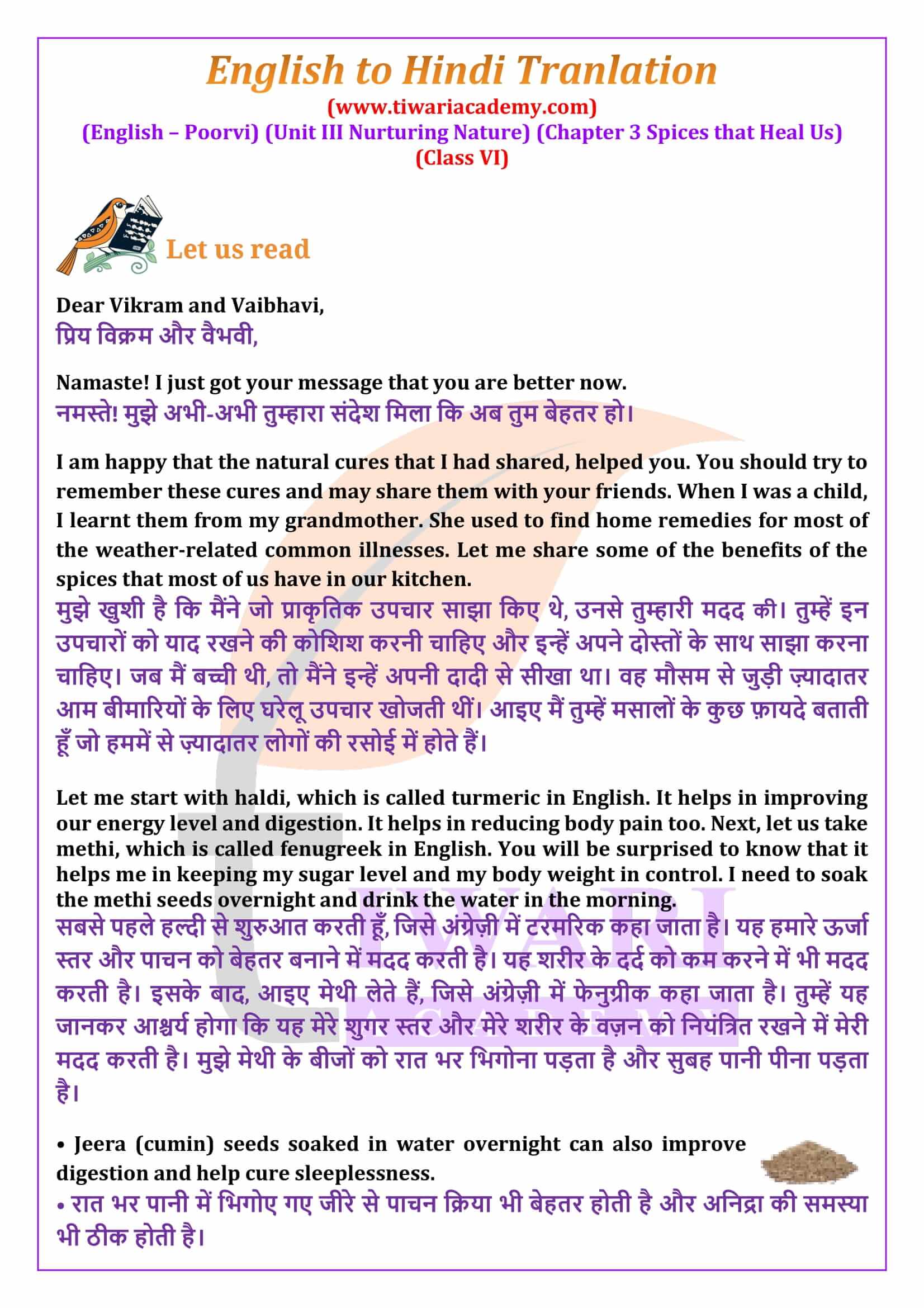 Class 6 English Poorvi Unit 3 Nurturing Nature Chapter 3 Spices that Heal Us English to Hindi Translation