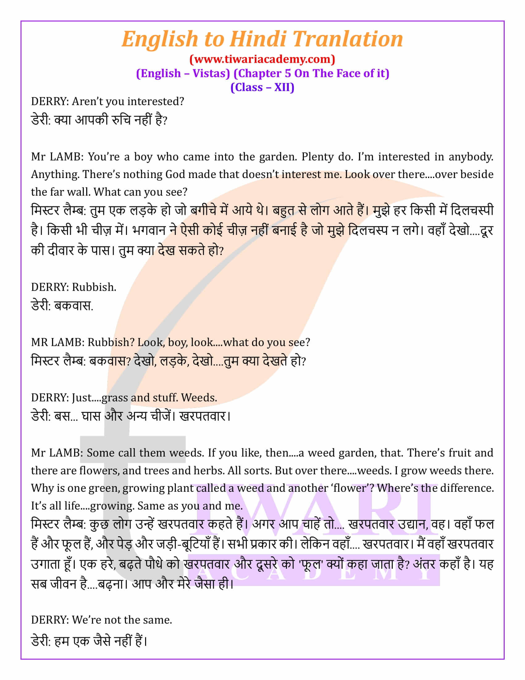 Class 12 English Vistas Chapter 5 On the face of it English to Hindi Translation