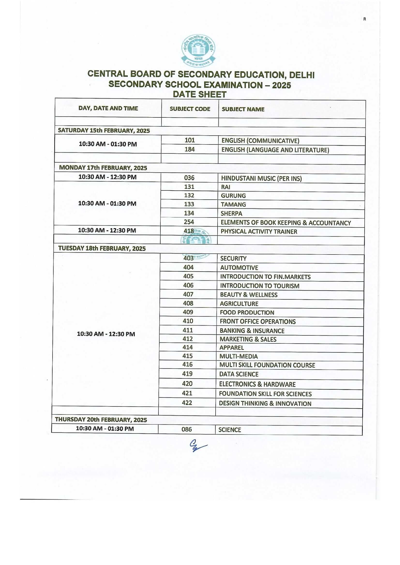 CBSE Date Sheet for Class 10 Session 2025