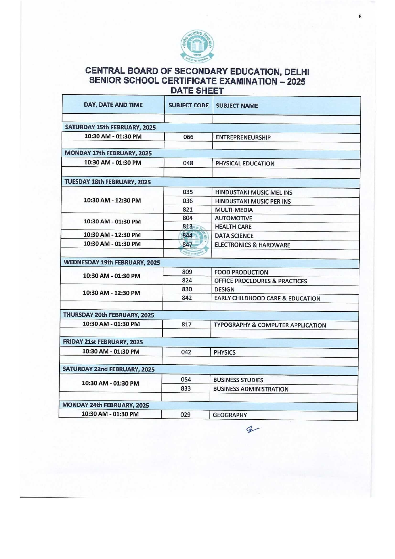 CBSE Date Sheet for Class 12 Session 2025